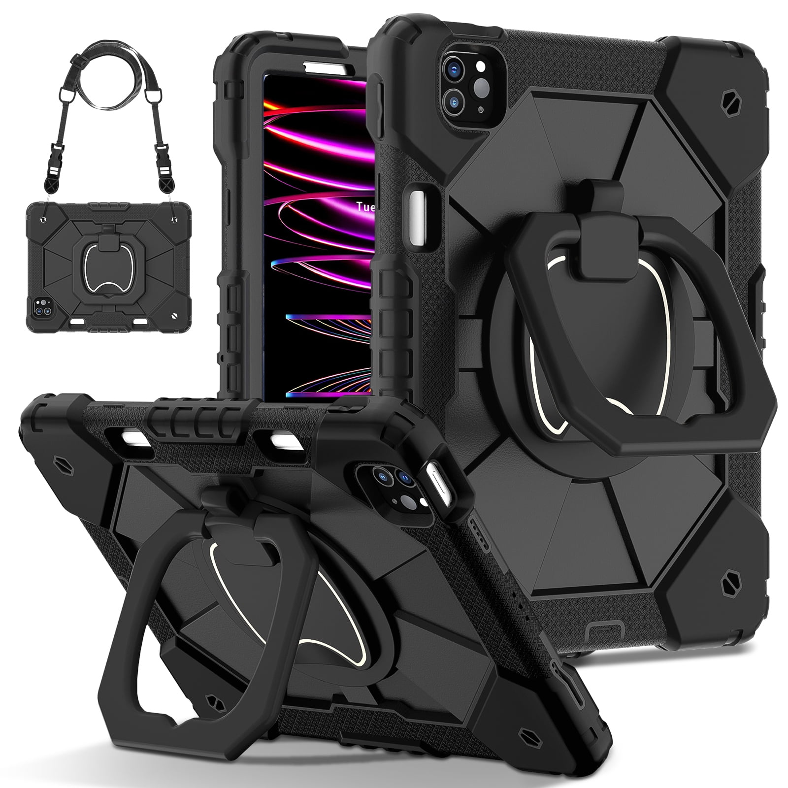 Dteck with Pencil Holder Case for iPad Pro 11-inch 4th 3rd 2nd 1st Gen,iPad Air 5th/4th Generation Heavy Duty Silicone Case 360 Degree Rotating Handle Stand Cover with Shoulder Strap,Black