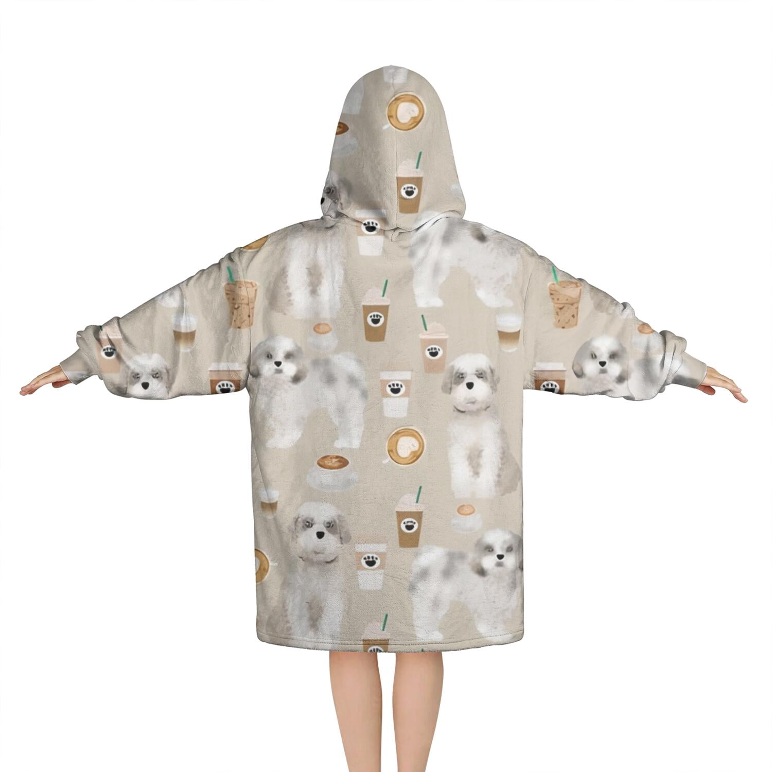 Cute Shih Tzu Dog and Coffee Pattern Blanket Hoodies for Kids 6-13YR Oversize Wearable Blanket Hoodies for Boys Girls Teens