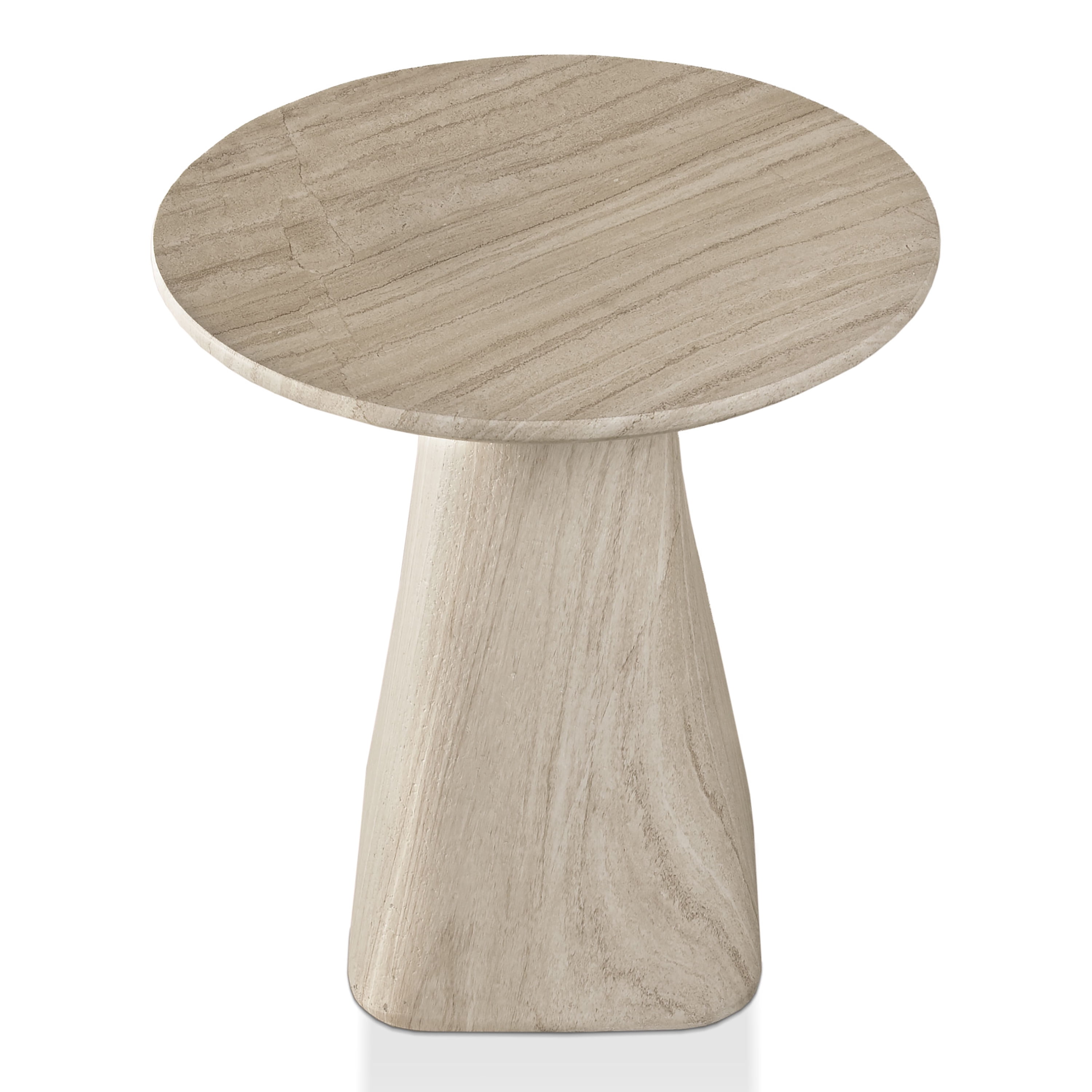 Furniture of America Isla Modern Stone Indoor & Covered Patio Round Sculptural Pedestal End Table, Beige Travertine