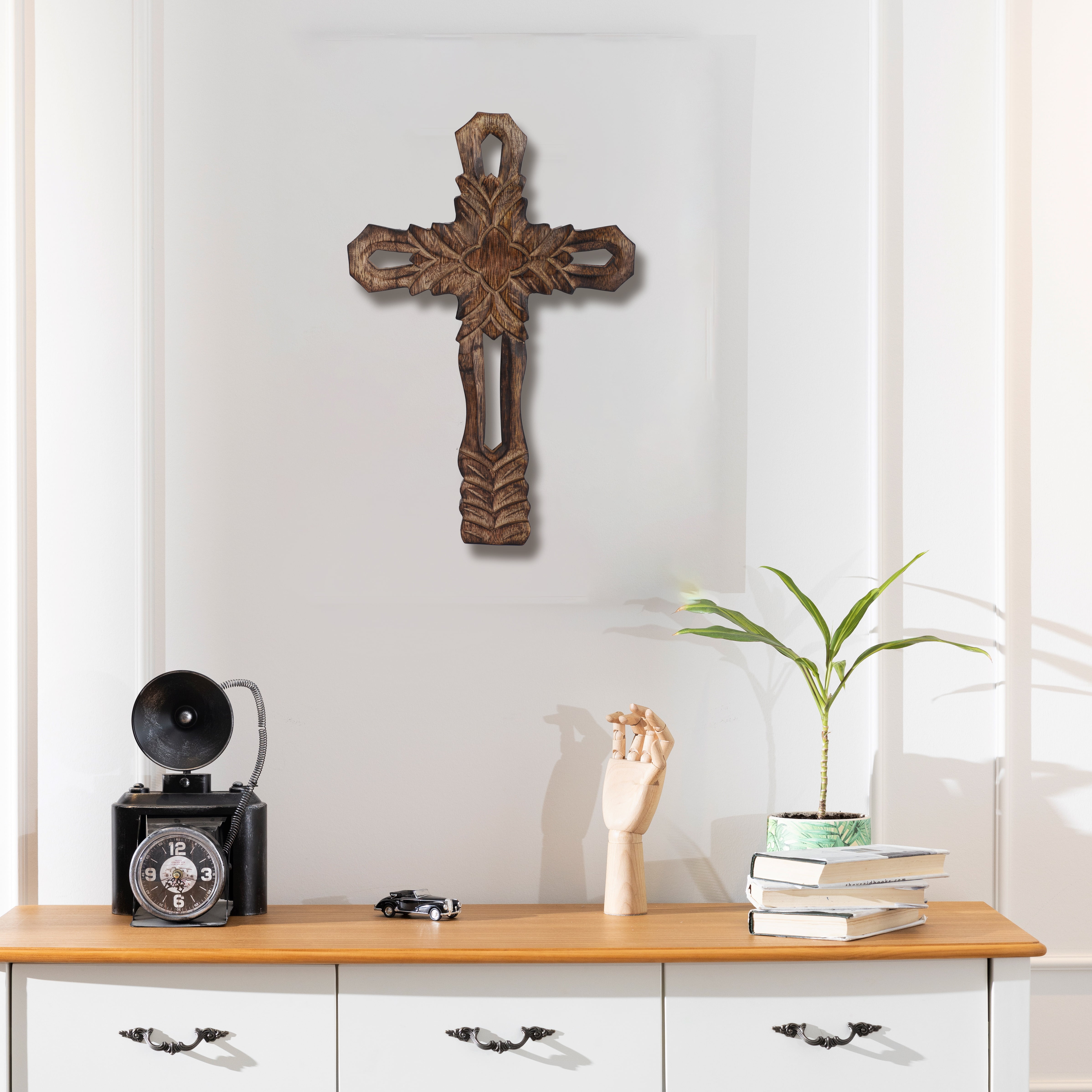 Ajuny Wooden Cross Hanging Hand Carved Decorative Leaf Design Church Christan Wall Mounted for Home Office Decor Walmart