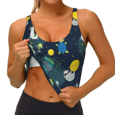 Qokaie Space and Animals Pattern Womens Scoop Neck Sports Bra Breathable Workout Vest Padded U Back Medium Impact Fitness Gym Yoga Bra Workout Crop Top