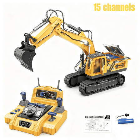 Remote Control Excavator for Kids, 15CH RC Construction Vehicles Toy Excavator with Sound & Lights for Grandkids Christmas Birthday Gifts