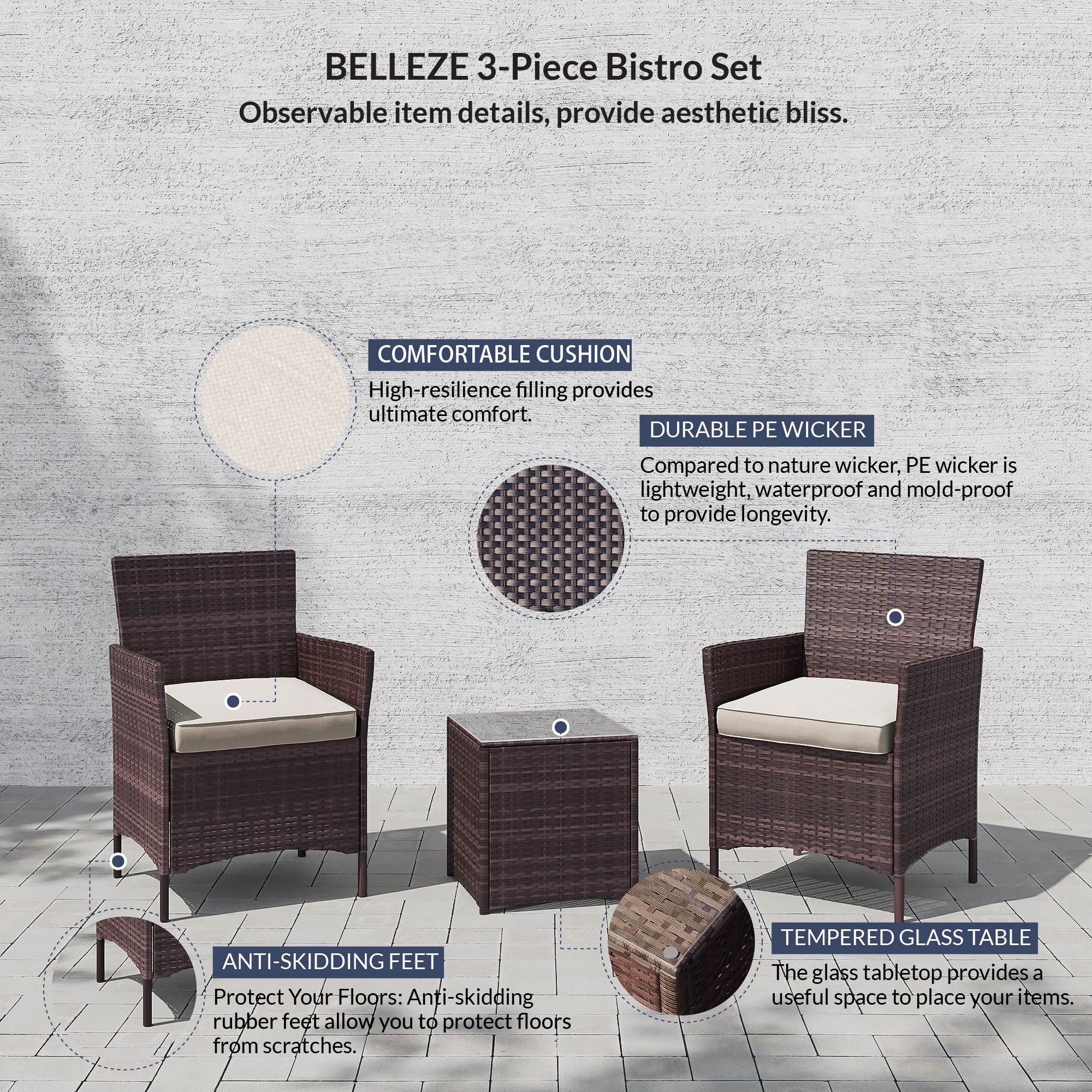 BELLEZE Wicker Furniture Outdoor Set 3 Piece Patio Outdoor Rattan Patio Set Two Chairs One Glass Table Brown - image 4 of 6