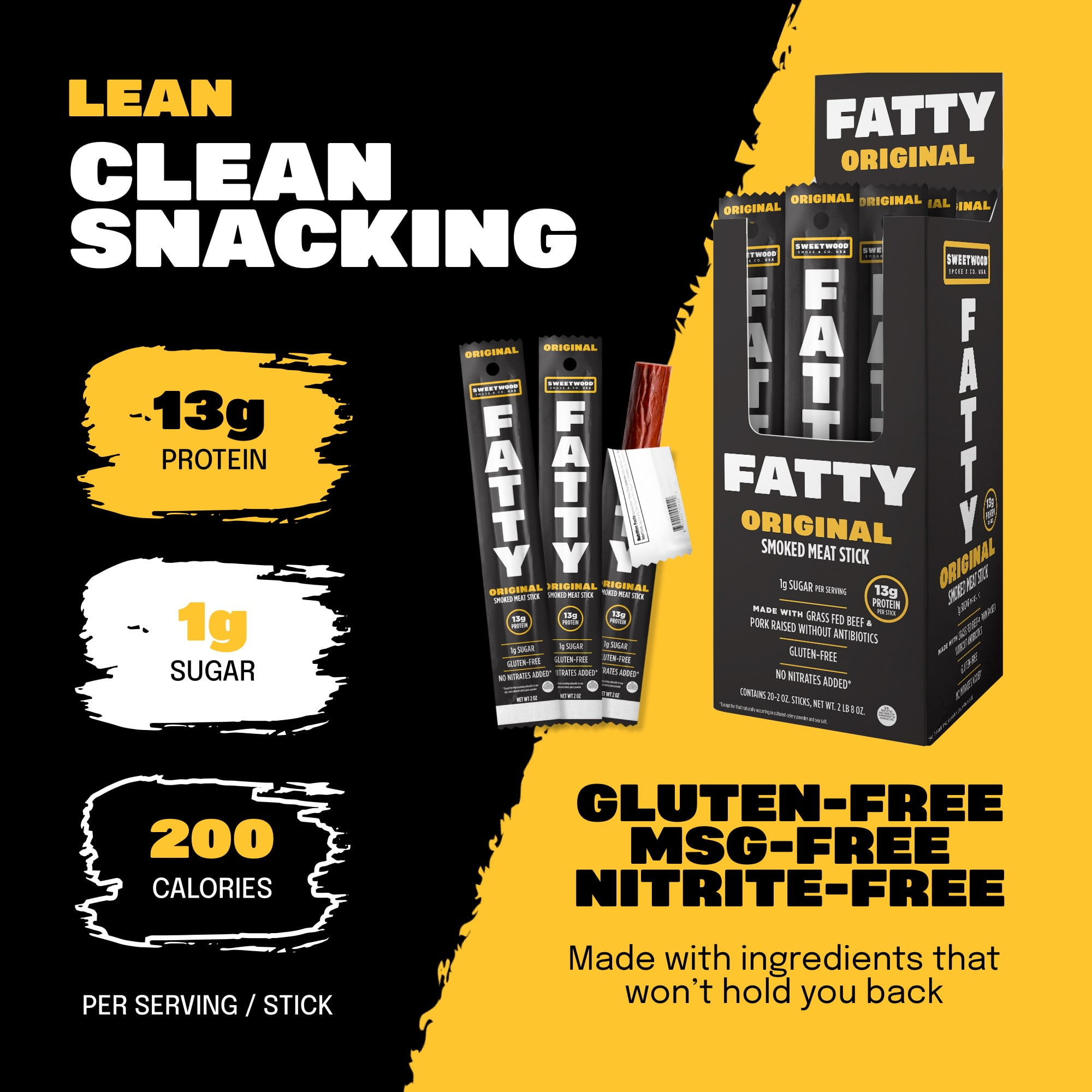 FATTY Meat Sticks, Made with Grass Fed Beef, Pork Raised Without Antibiotics, 13g Protein Per Stick, Original, Father's Day Snack Gift for Dad, 2 oz.