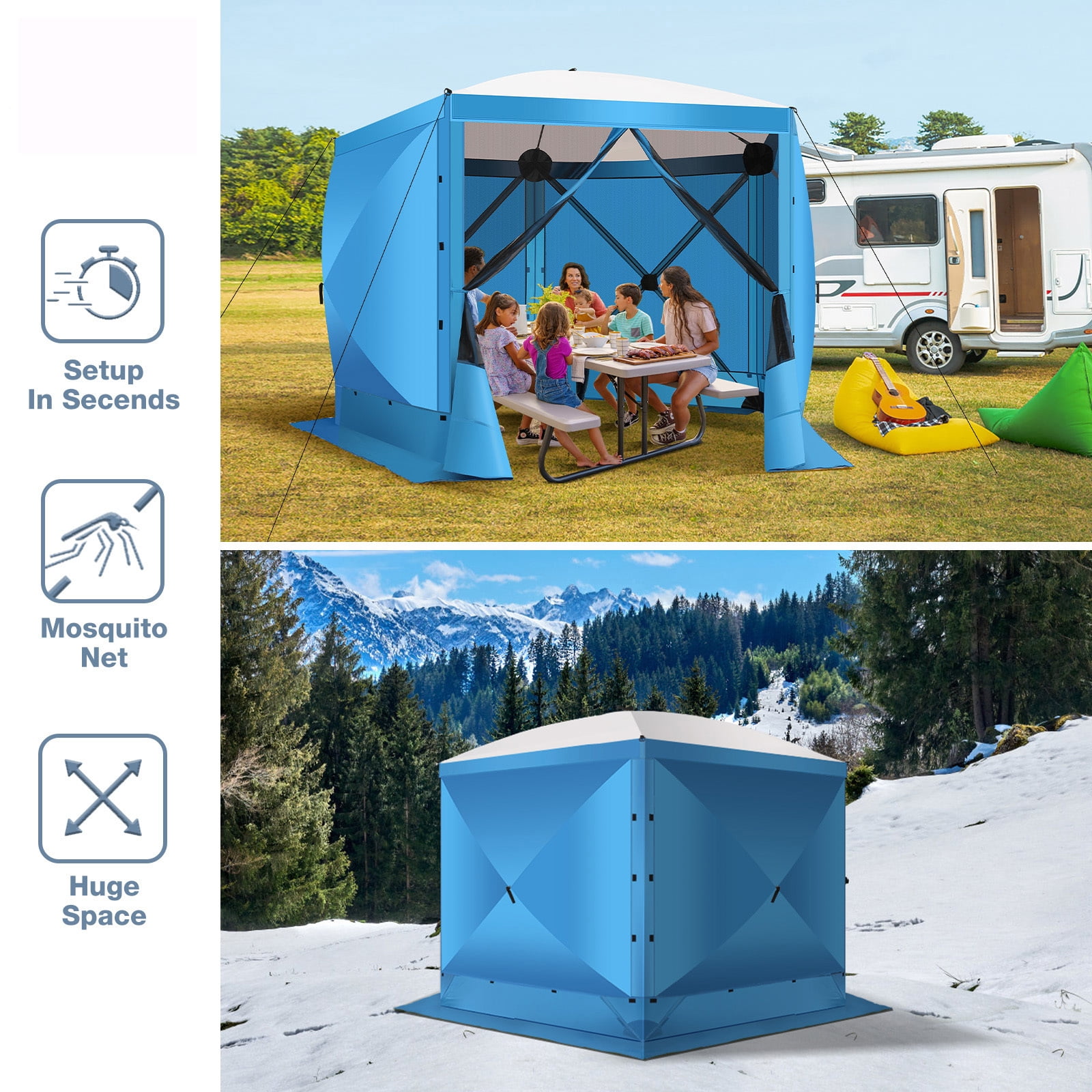 HOTEEL 10x10ft Camping Gazebo Screen Tent, 5 Sided Pop-up Canopy Shelter with Mesh Windows, Portable Carry Bag, Stakes, Waterproof, UV 50+, Large Shade Tents for Outdoor Camping, Backyard, Blue