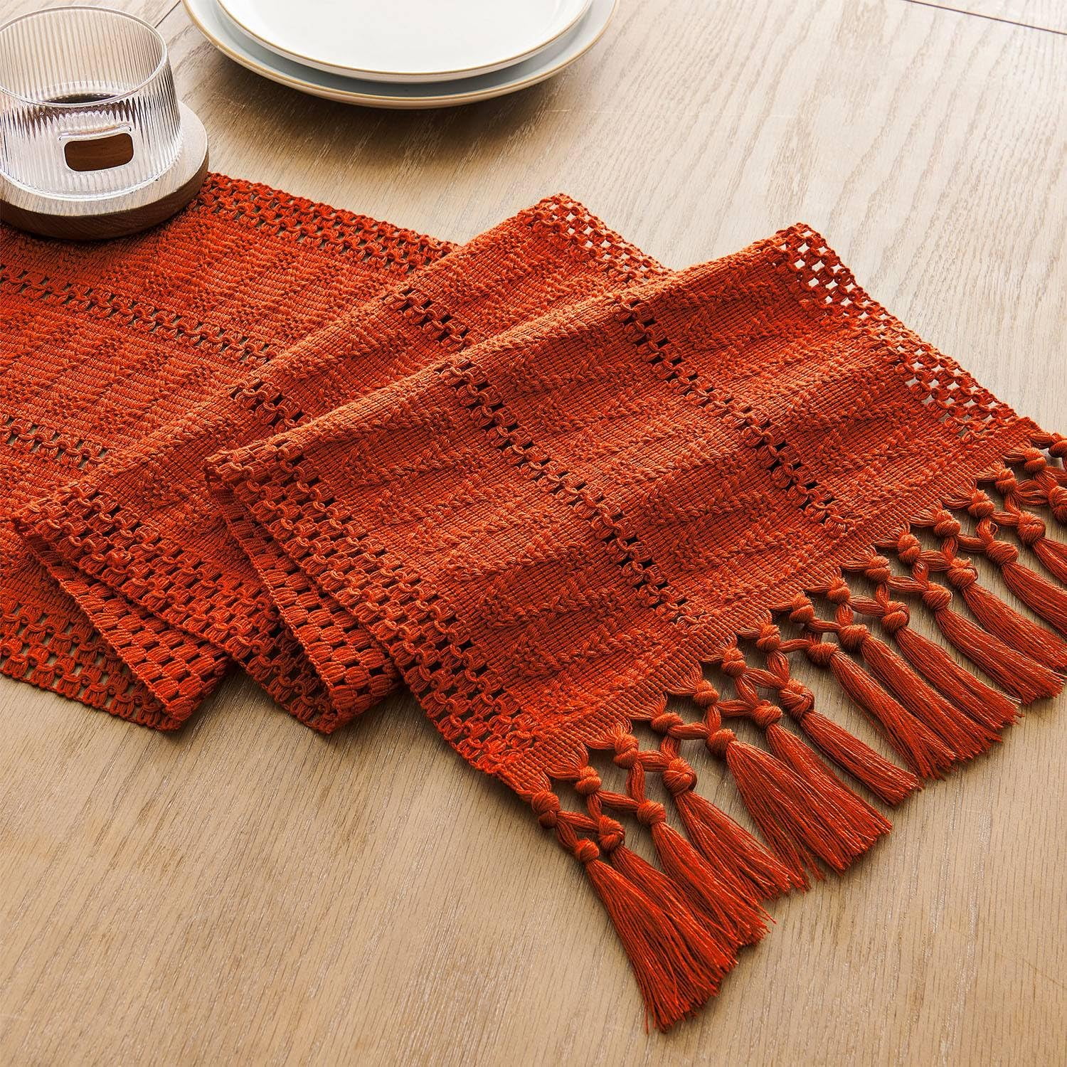 Boho Table Runner, Macrame Style Ivory Table Runners Farmhouse Woven Home Decor, 12x48 Inch, Dark Orange