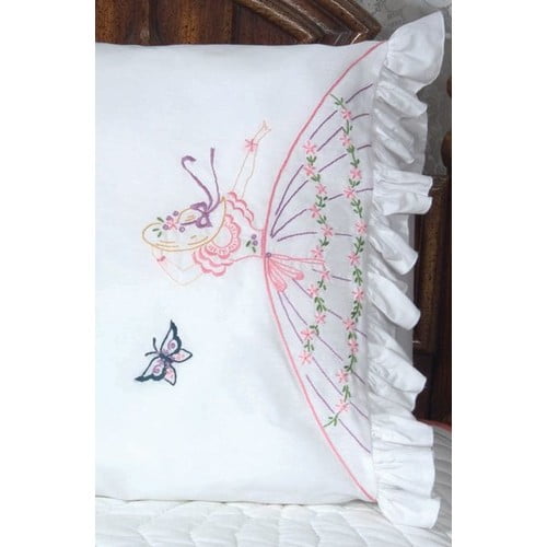 White Fairway Needlecraft 82511 Vintage Ruffled Edge Pillowcases Standard Butterfly Lady Design