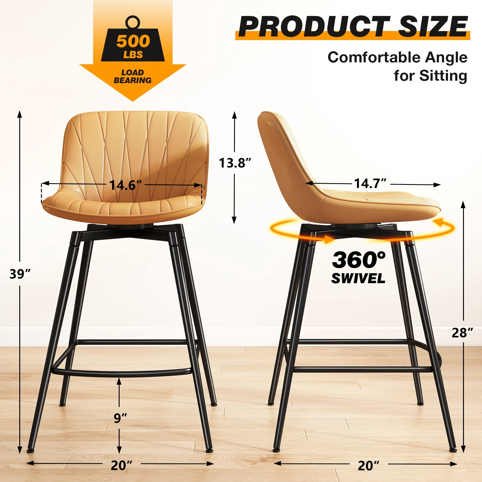 TAVR Modern 30" Swivel Bar Stools Set of 2 with Back & Footrest, Upholstered Counter Height Bar Chairs for Kitchen Island, PU Leather in Brown