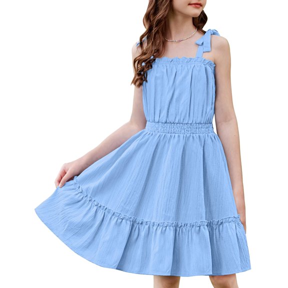 Arshiner Girls Summer Dress Bow-Tie Straps Sleeveless Flowy Ruffle Trim Boho Beach Casual Sundress