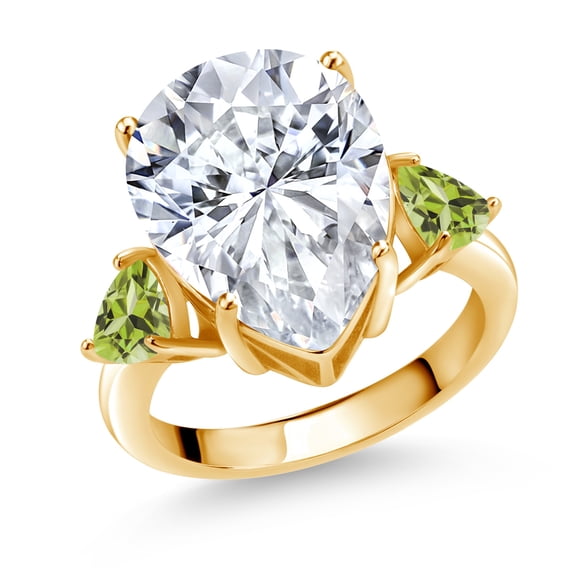 Gem Stone King 18K Yellow Gold Plated Silver Green Peridot Ring Set with Moissanite (10.13 Cttw) (Size 8)