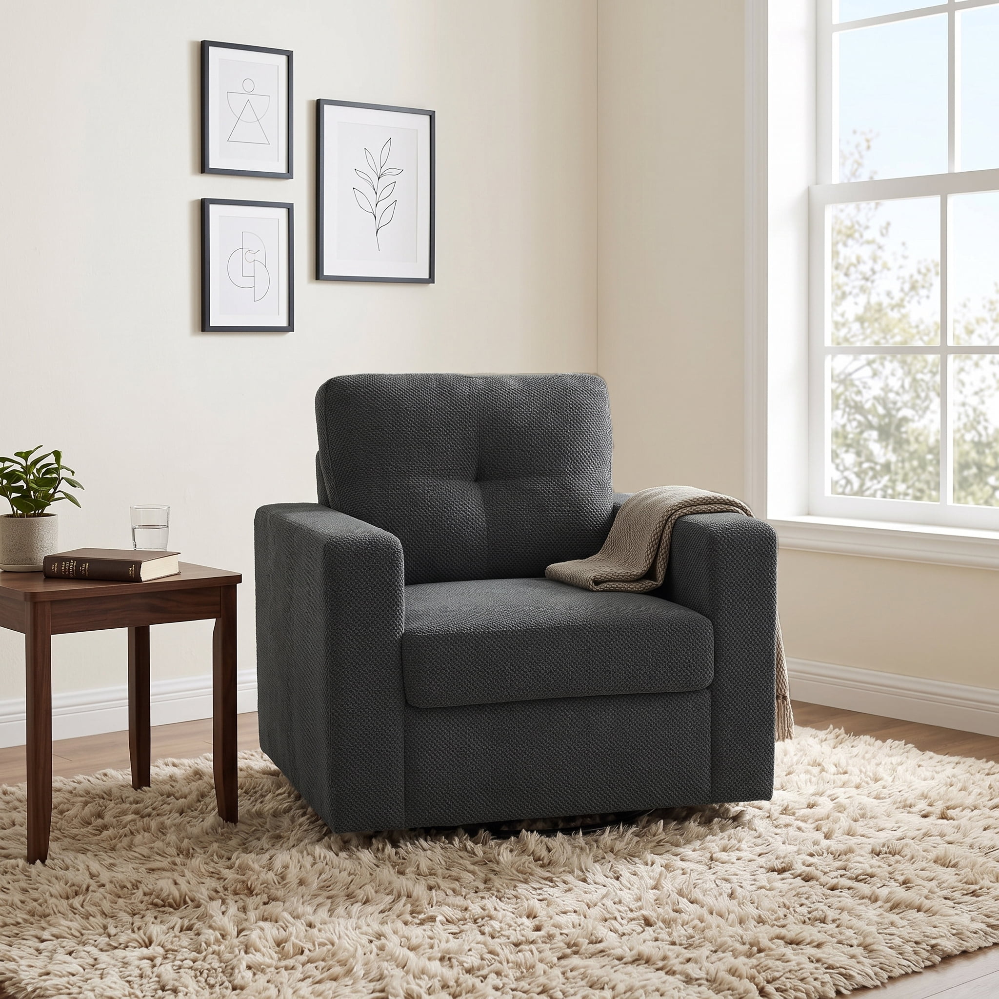 MOONMISS 360° Swivel Accent Chair with Point-Tufted Back & Textured, Upholstery Square Arm Armchair with Metal Pedestal Base, Soft Pillows for Living Room, Bedroom