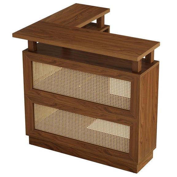 Resenkos L-Shaped Rattan Bar Table Liquor Cabinet, 4-Tier Storage Shelf Home Bar Unit for Kitchen Bar, Brown