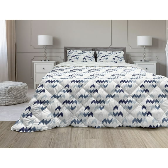 Navy Comforter & Sham Bedding Set, Abstract Ikat Primitive Ethnic Chevron Zigzag Folk Traditional Image, 3 pcs Duvet Set Microfiber Filling Quilt, 5 Sizes, Slate Blue Purple White, by Ambesonne