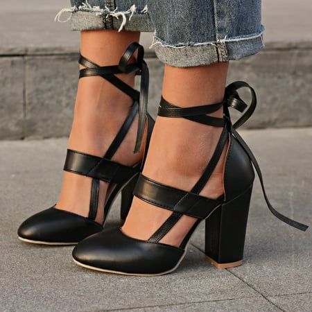

ERTUTUYI Women s Fashion Bandage Hollow Out Round Toe Heel High Heel Shoes Black 37