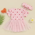 thumbnail image 3 of Bagilaanoe Newborn Valentine's Day Outfits Baby Girl Rompers Dress Heart Print Short Sleeve Bodysuits + Headband 3M 6M 12M 18M Infant Patchwork A-line Dresses, 3 of 7