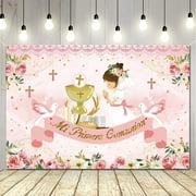 First Communion Decorations First Communion Backdrop Baptism God Bless Banner Pink Floral Mi Primeria Communion Photo Backdrop for Girls Christening Baby Shower Confirmation Decorations