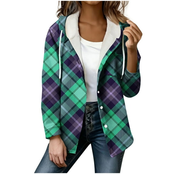 Cutuoiiu Jackets for Women Casual Winter Plaid Fleece Lined Button Long Sleeve Warm Hooded Jackets Gifts