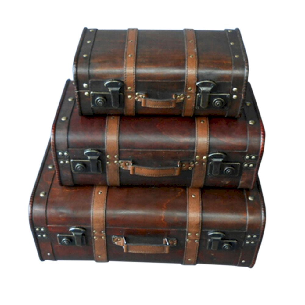 Brown Wooden Suitcase Sets With Classic Metal Lock Leather Suit Cases