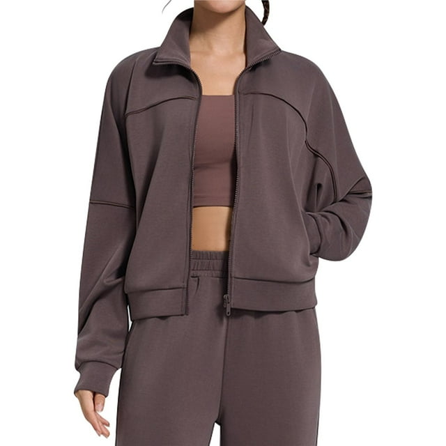 Chaqueta Deportiva de Larga con Solapa y Cremallera para Mujer, Ideal para Otoño e Invierno Chaqueta Holgada para Yoga Al Aire Libre Marrón L