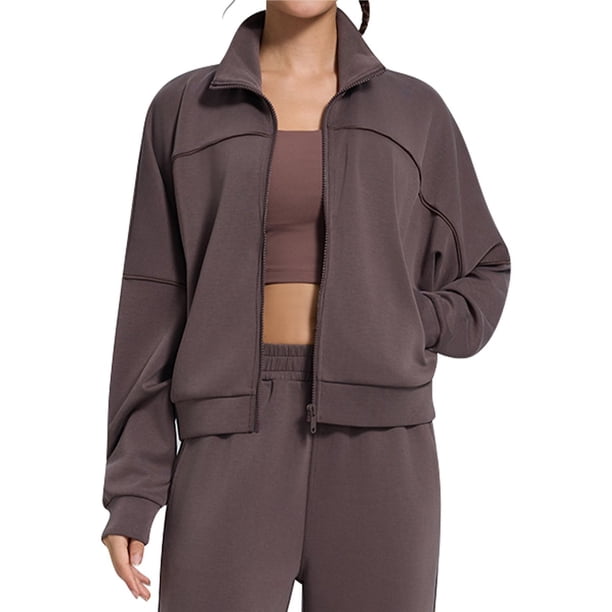 Chaqueta Deportiva de Larga con Solapa y Cremallera para Mujer, Ideal para Otoño e Invierno Chaqueta Holgada para Yoga Al Aire Libre Marrón S