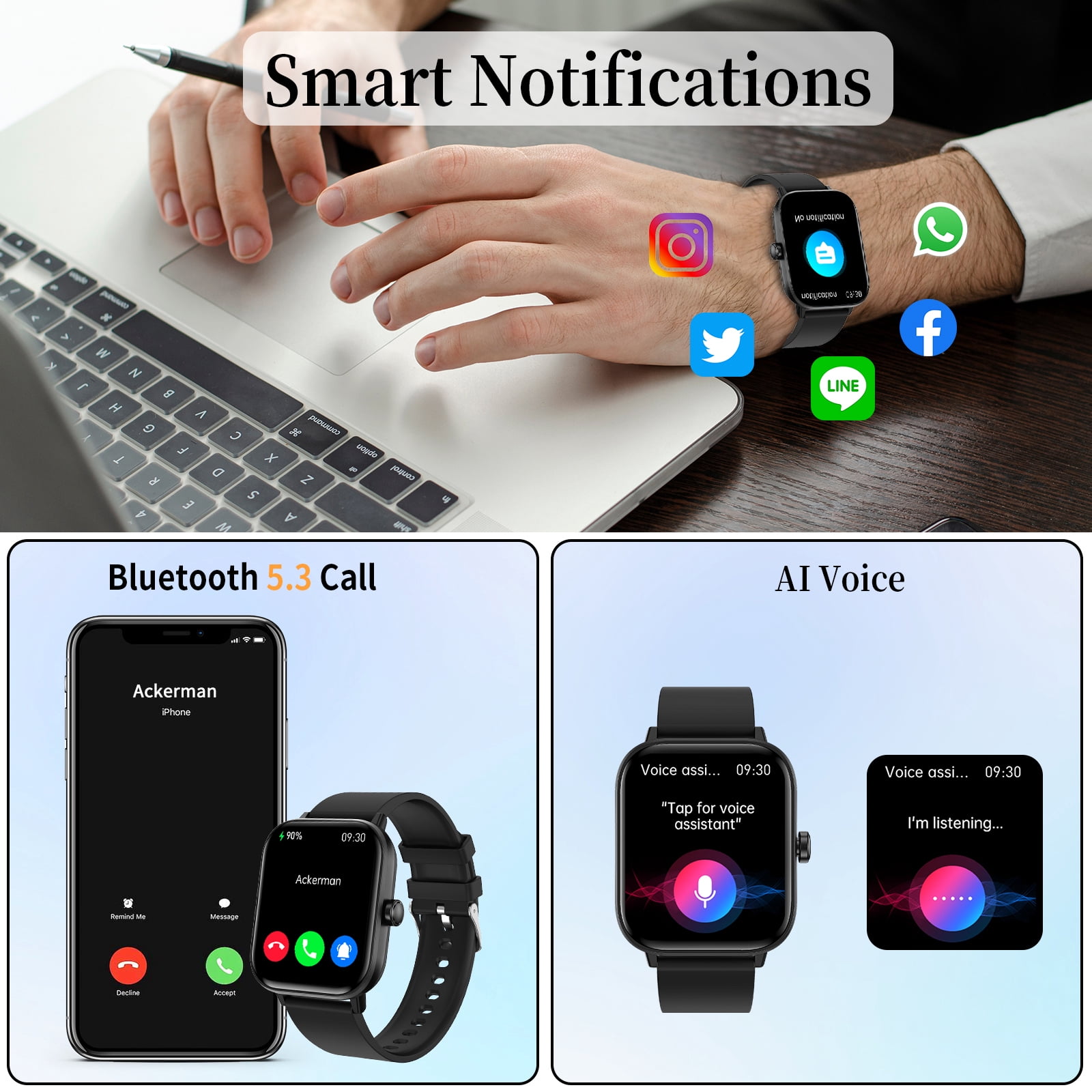 1.83" Smart Watch for Women Men, Make/Answer Calls with Fitness and Wellness Tracking 100+ Sports Modes Step Calorie Counter IP67 Waterproof for Android and iPhone