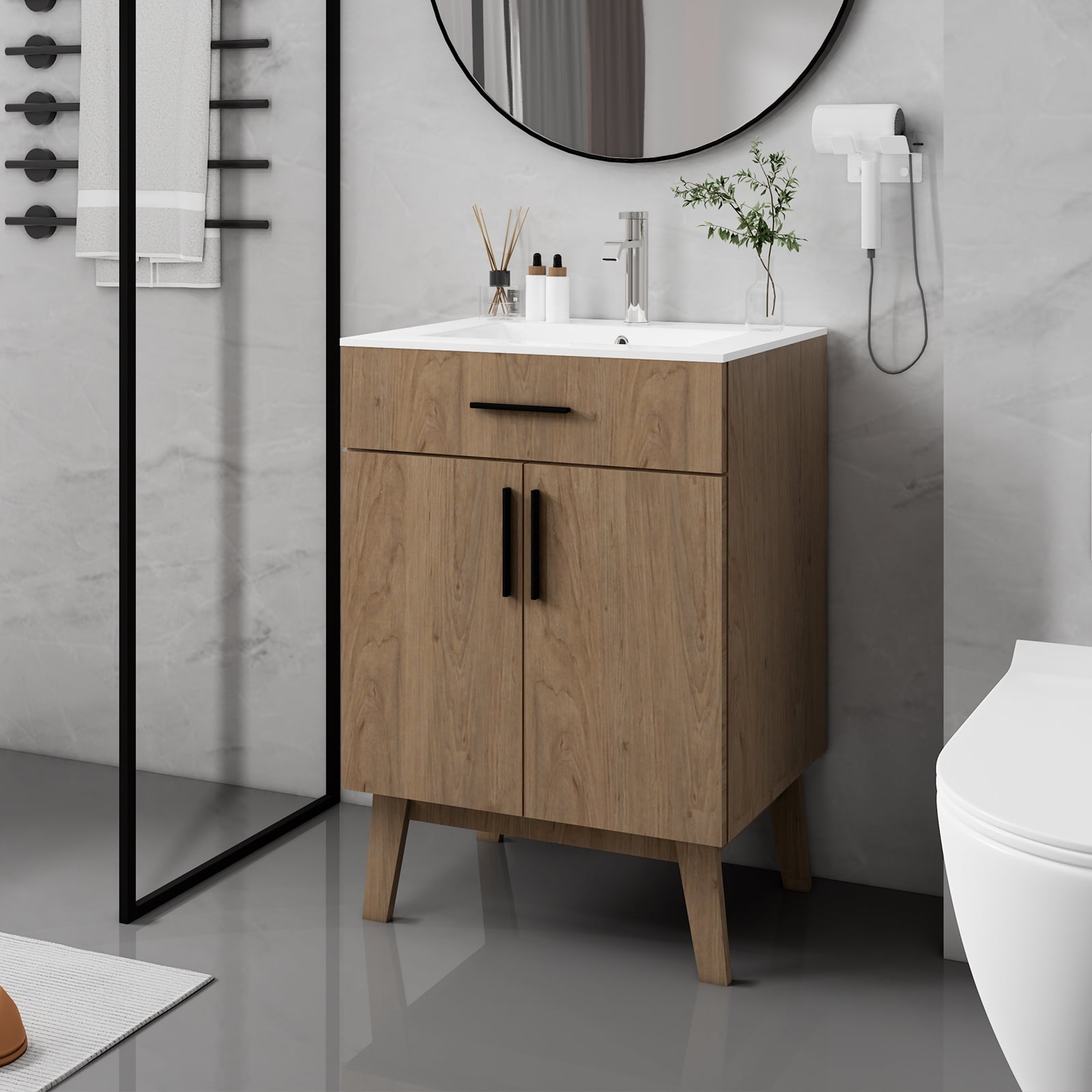 24" Bathroom Vanity with Sink, Vanity Combo with Two Soft Close Cabinet Doors, Modern Single Bathroom Cabinet Set with Metal Handles (Brown with Sink, 24)