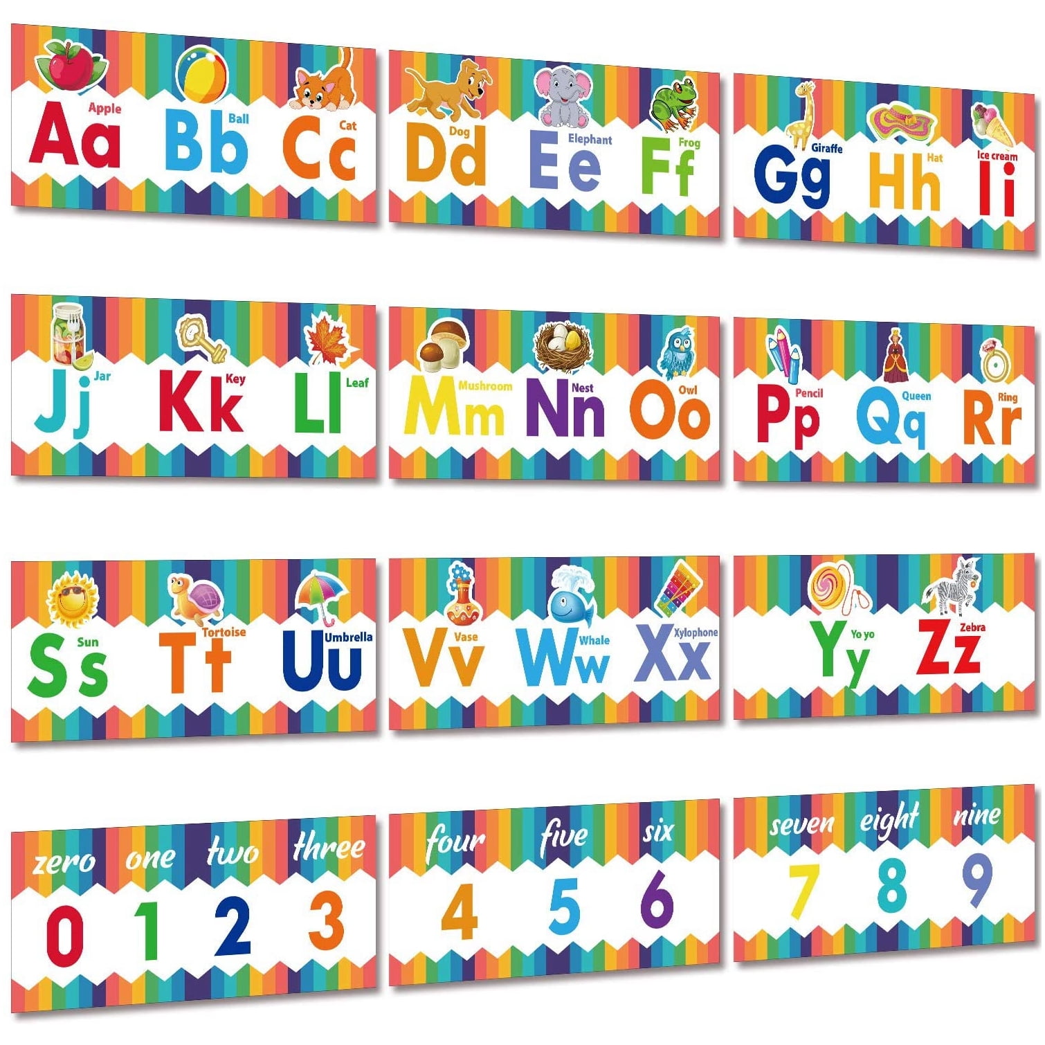12 Pieces Educational Preschool  Posters Alphabet  Number 
