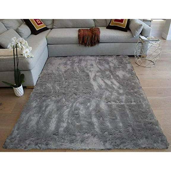 Light Grey Faux Fur Sheepskin Hide Animal Skin 4'x5' Feet Area Rug Solid Decorative Design Modern Contemporary Carpet