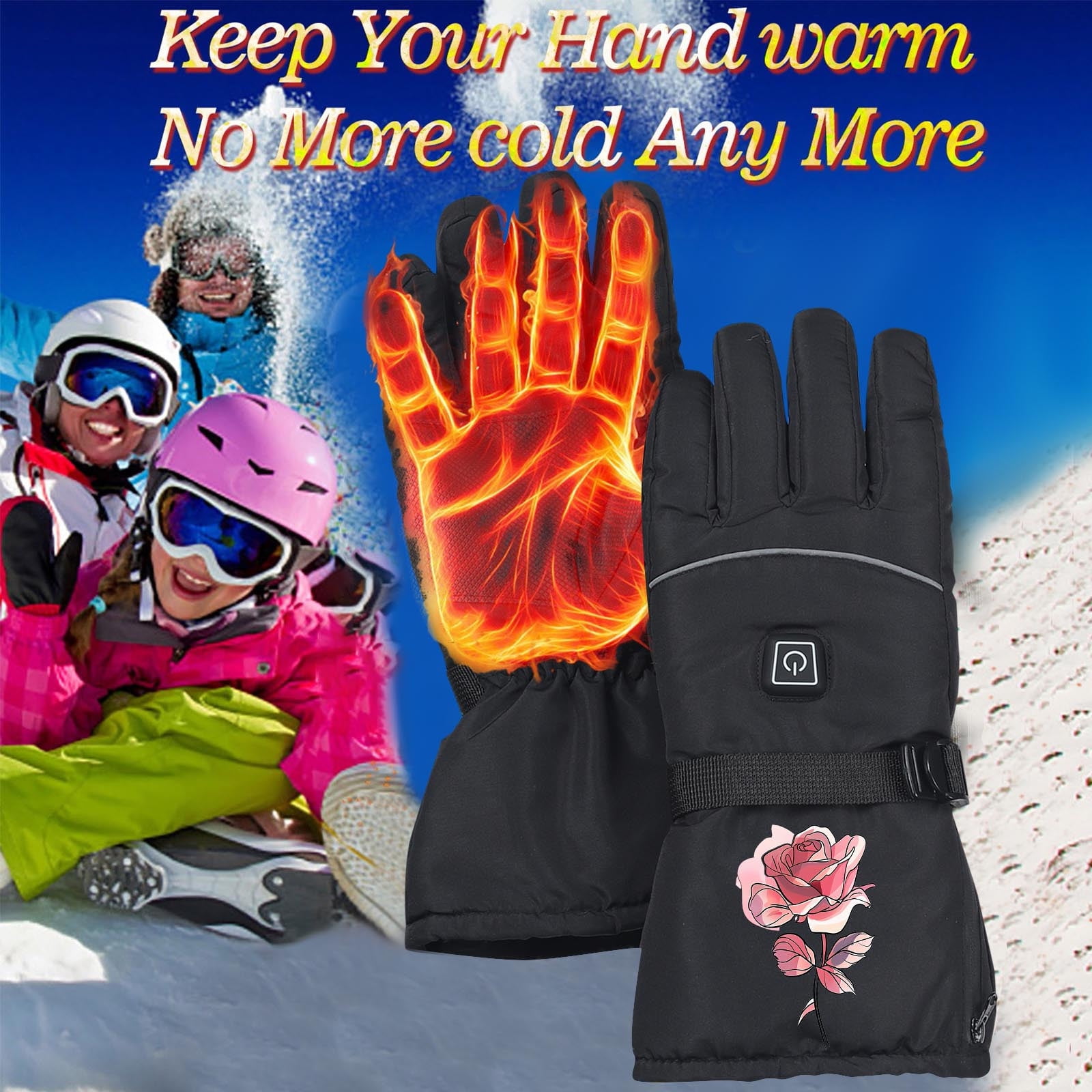 Xfvqtps Mens and Womens USB Heated Gloves 3Rd Gear Temperature Regulation Full Finger Adjustable Buckle Cute Print Waterproof Warm for Cold Weather Winter Skiing Mittens Black