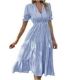 thumbnail image 1 of QUYUON Robes Midi pour Femmes à Rayures Imprimées avec Volants, Boutons devant, Robe à Cordon, Nœud en V, Manches Courtes, Plissée, Ligne A, Robe Longue Fluide, Style d'Été de Plage D-3572 Bleu P, 1 of 8