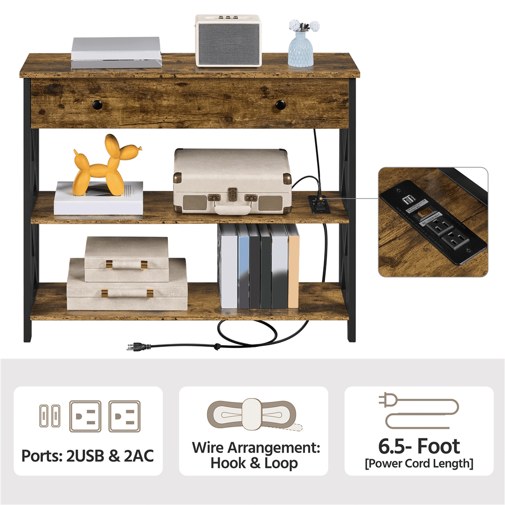 Alden Design Vintage Wood Console Table with Power Outlet & 1 Drawer for Entryway, Rustic Brown