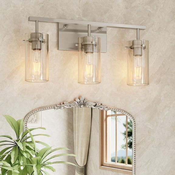 Fnova Modern Bathroom Vanity Light Fixtures, 3-Light Wall Sconces Lighting with Clear Glass Shade, Brushed Nickel Wall Lights Over Mirror for Living Room, Bedroom, Gallery, E26 Base