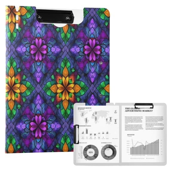 FORMRS A4 Clipboard Folder with Pen Holder Horizontal Foldable School Office Binder, Purple Stained Glass Pattern