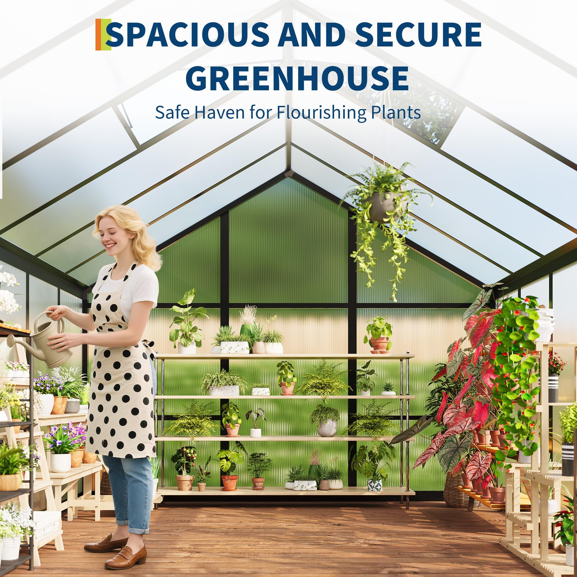 6x8 FT Greenhouse, Easy Assembly Aluminum Polycarbonate Outdoor Greenhouse with Roof Vent, Ground Nails, Heavy Duty Walk-in, Lockable, Black