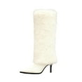 thumbnail image 2 of YOUYEDIAN Womens Furry Boots Knee High Fold Over Tall Boot Wide Calf Pointed Toe Stiletto High Heel Fall Winter Boots for Women White, 2 of 6