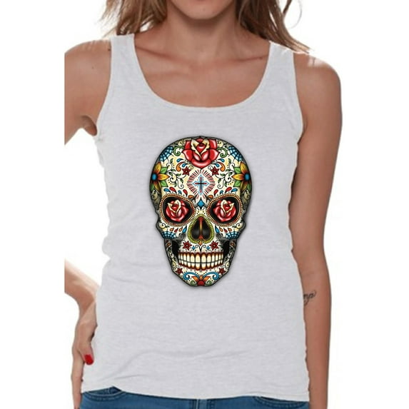 Awkward Styles Rose Eyes Skull Tank Top for Women Sugar Skull Tank Women's Day of the Dead Sleeveless Shirt Dia de los Muertos Gifts for Her Halloween Tank Top Skull Gifts Red Roses Sugar Skull Tank