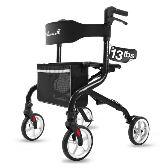 PLANETWALK Super Lightweight Rollator for Seniors, Foldable with Seat & 8" All-Terrain Wheels, Durable Aluminum Frame for Travel - Black