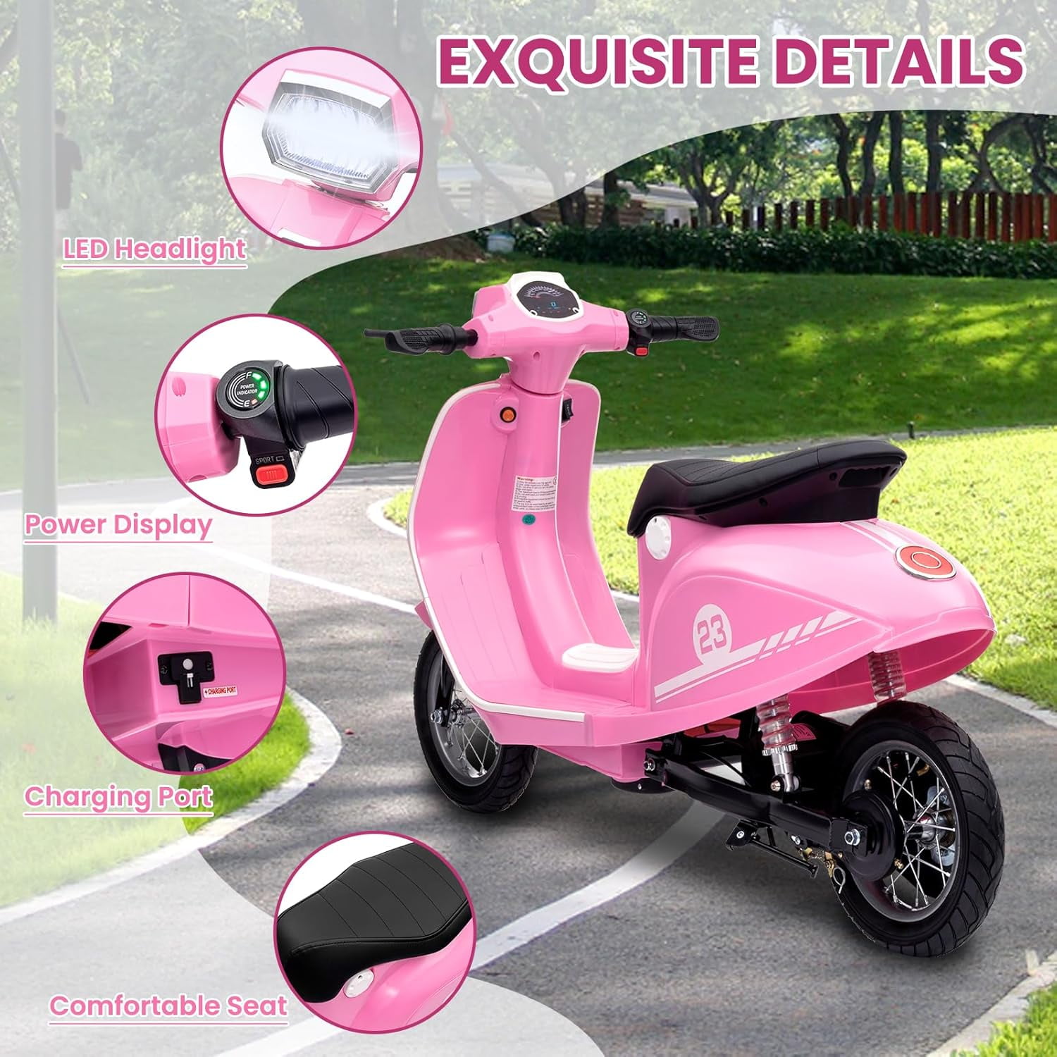 Trilenars 24V 350W Electric Moped Scooter for Kids, Kids Ride on Motorcycle, Max Up to 14MPH, with Rear Brake, Twist Grip Throttle & LED Light, Electric Motorbike for Teens 8-12,Pink