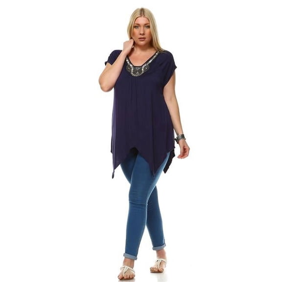 PS1288-07-3XL Plus Size Grace Embellished Tunic Top, Navy - 3XL
