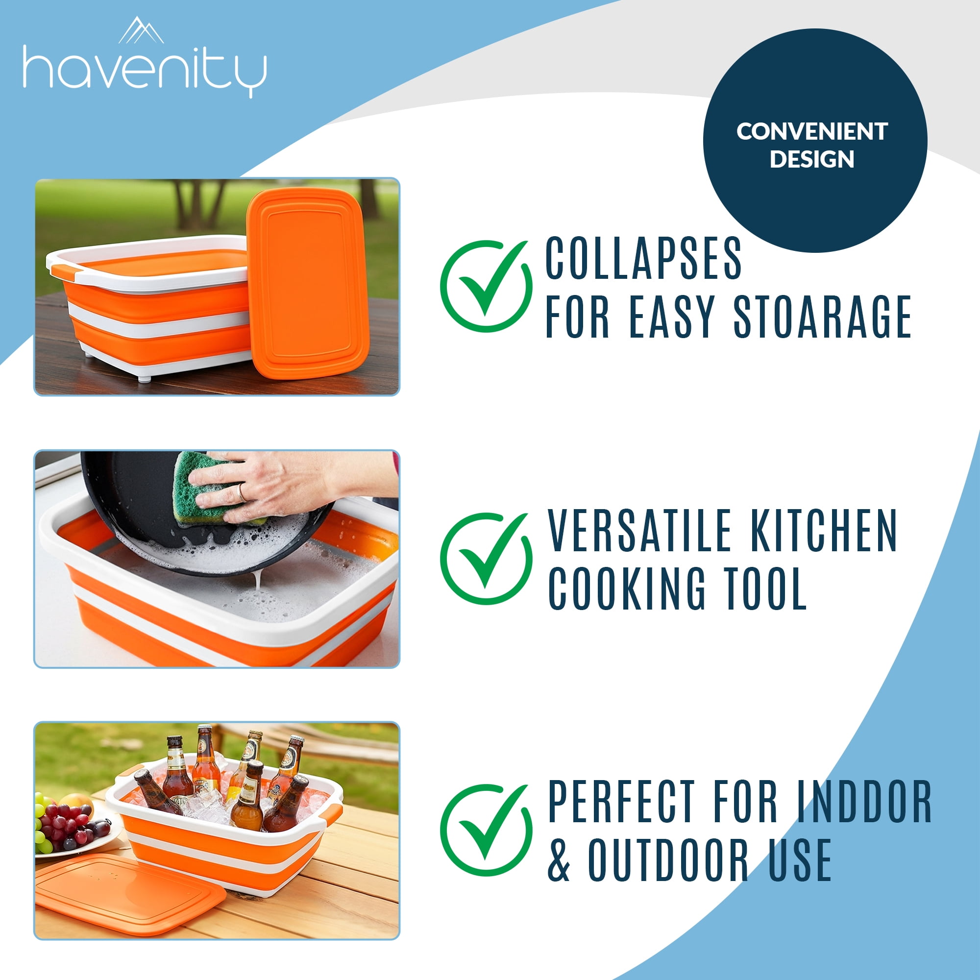 Havenity Bbq Prep Tub 2 Pack Orange (16l+16l) - Multifunctional Collapsible Camping Cutting Board with Lid