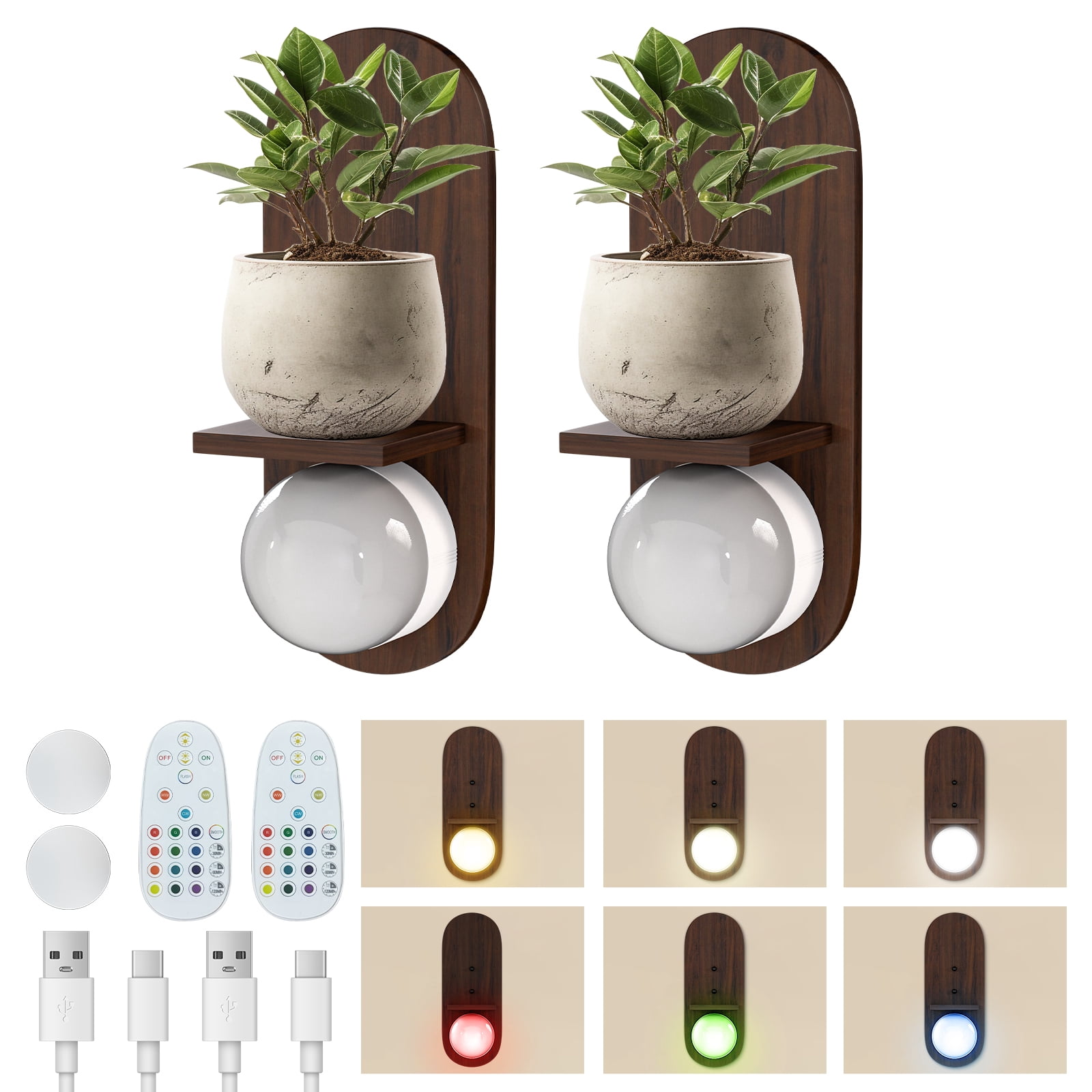 Floating Shelves for Wall Decor with Rechargable LED Bulb, Remote Control  2 PCS Wood Wall Sconce Battery Operated for Wall Decor,Walnut