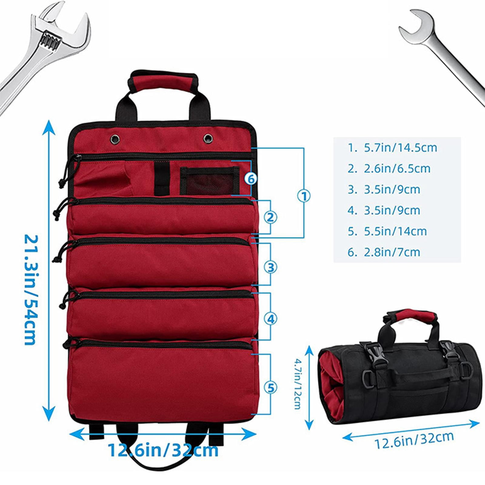 Roll up Tool Bag Organizer with 5 Different Pouches for Car Garage or Work Shop Professional Water Resistant Heavy Duty Compact Wrench Roll Red
