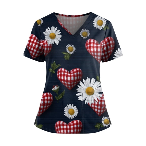 Womens Valentine Day Scrub Tops Love Heart Print Short Sleeve Nursing Plus Size Workwear Quick Dry V Neck Medical Scrub Tops with Pockets