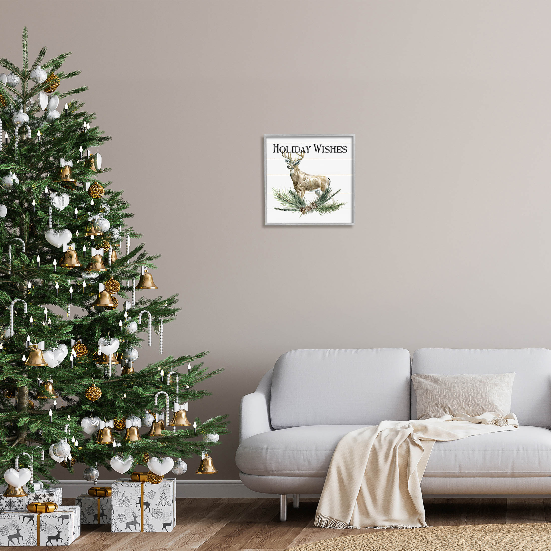 Stupell Industries Holiday Wishes Seasonal Deer Graphic Art Gray Framed Art Print Wall Art, Design by Carol Robinson
