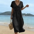 thumbnail image 2 of Summer Dresses for Womens 2026 Plus Size Fashion Cotton And Linen Solid Color Dress Short Sleeved V-neck Lace Trimmed Loose Casual Summer Beach Dress, 2 of 9