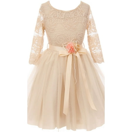 Little Girls Elegant Rose Floral Lace Illusion Top Satin Belt Flower Girl Dress Champagne 4 (Top 10 Best Champagne)