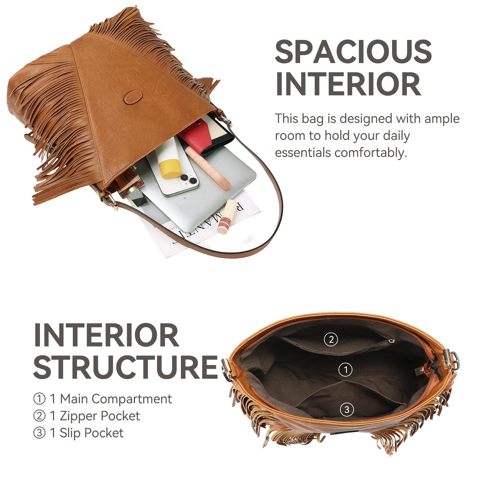 SENDEFN Fringe Hobo Bags for Women Vintage Leather Crossbody Bag Hippie Western Purses Tassel Shoulder Bag