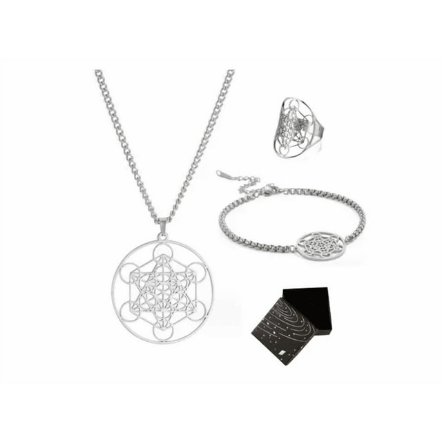 Collar Metatrón Geometría Sagrada + Anillo Y Pulsera Set 3pz Xtellar plateado