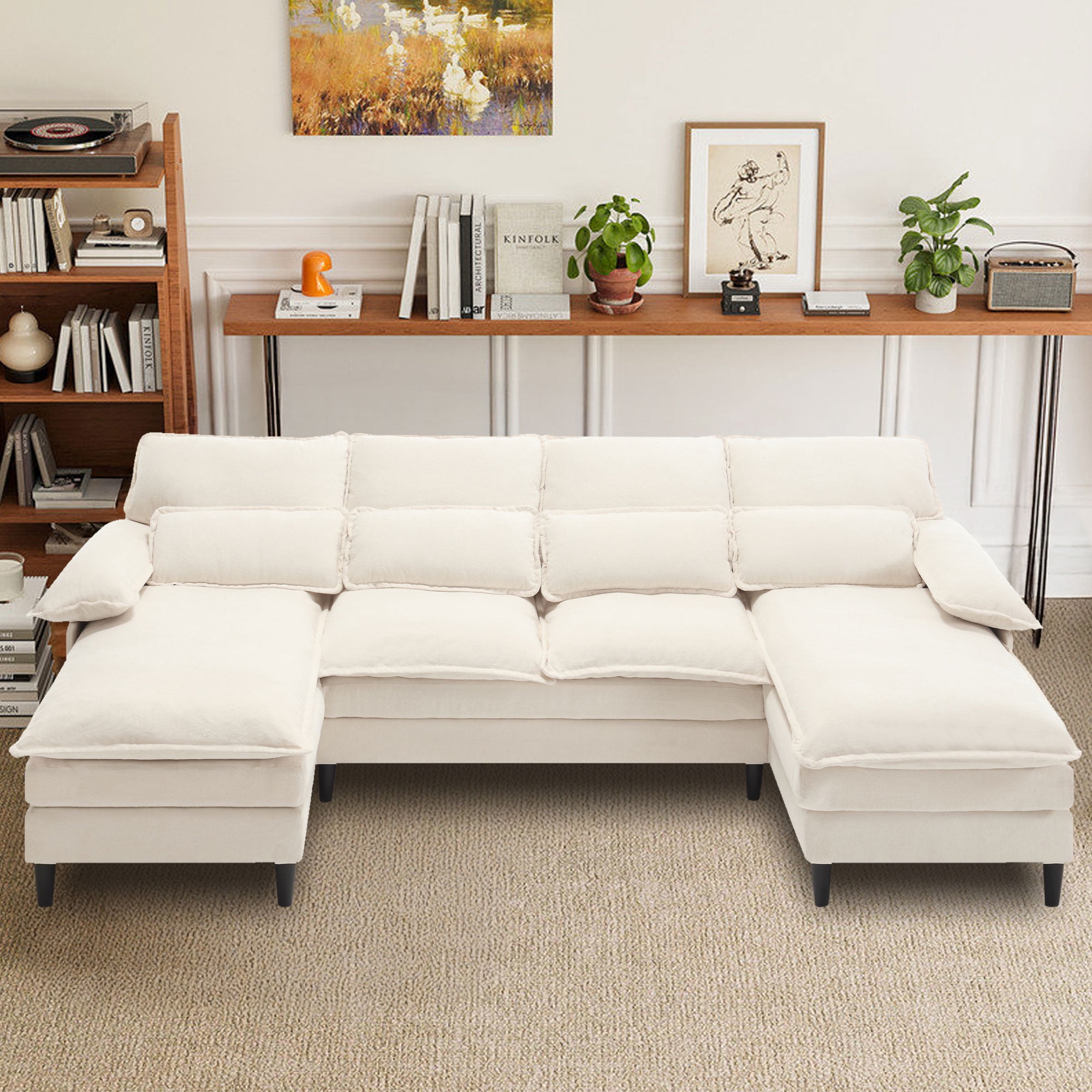 JONPONY107.5" Modular Sectional Sofa with Double Cushion Sleeper Chaise,Modern Terry Cloth Fbric sofa with Waist Pillows for Apartment,Small space,Beige