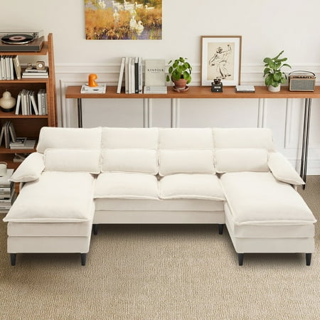 JONPONY107.5" Modular Sectional Sofa with Double Cushion Sleeper Chaise,Modern Terry Cloth Fbric sofa with Waist Pillows for Apartment,Small space,Beige
